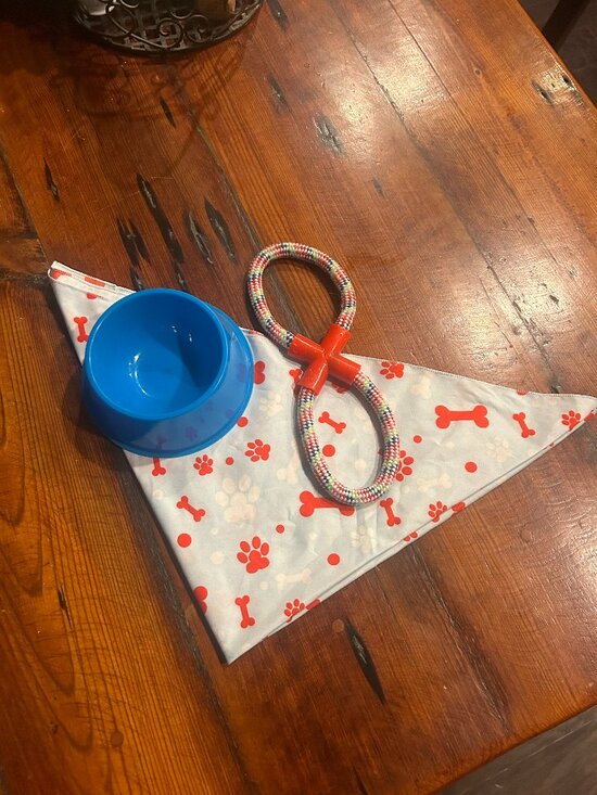 Other - Dog rope chew toy, blue water or food bowl, and paw print bandana